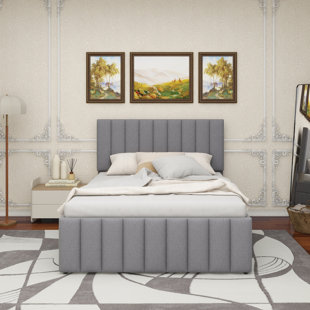 Lit plateforme double tapissier avec lit gigogne simple et 3 tiroirs, tissu en lin