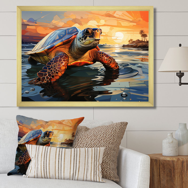 Portrait de tortue géométrique II, H 34 po x l 44 po x P 1,5 po, Cadre doré simple