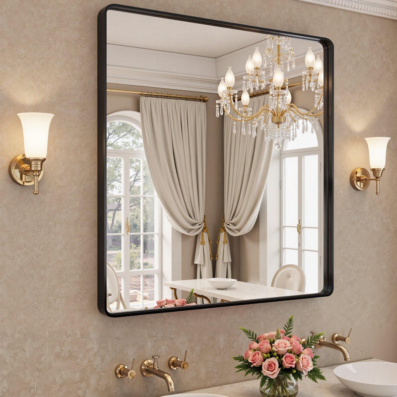 Lunara 1.18" Deep Rounded Corner Rectangular Bathroom Wall Mirror with Premium Tempered Glass & Aluminum Alloy Framed, Black