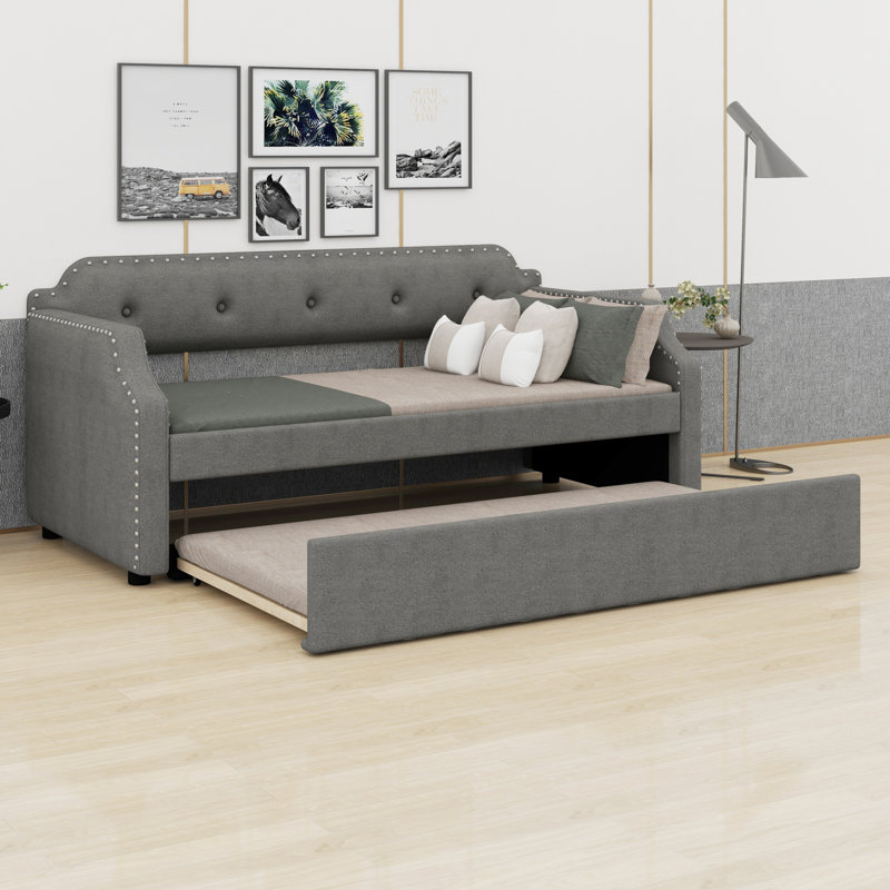 Upholstered Daybed With Trundle, Wood Slat Support,Upholstered Frame Sofa Bed, Dark Gray