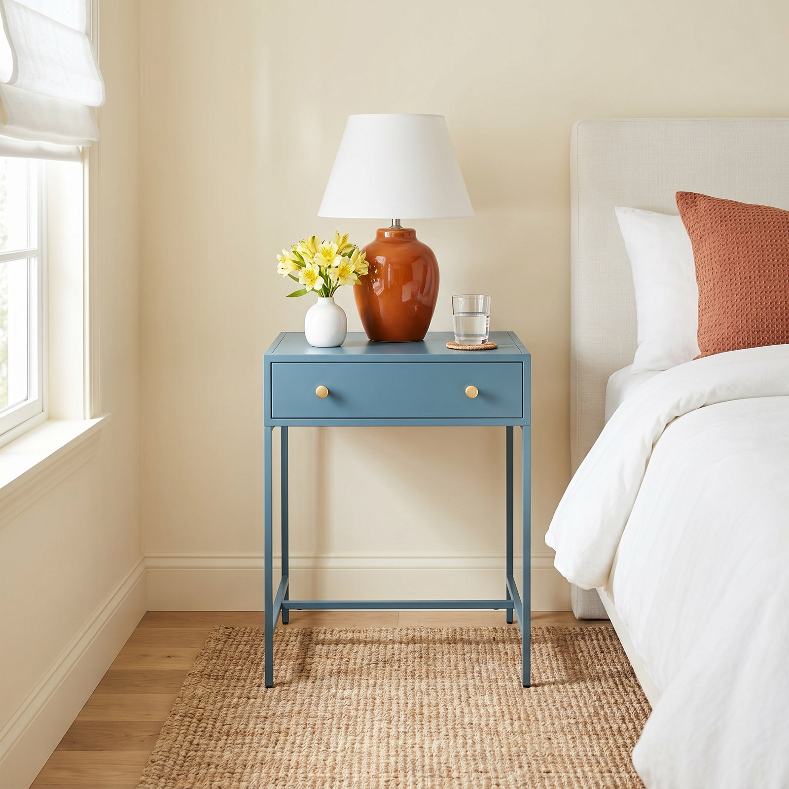Walee 24'' Tall 1 - Drawer Iron Nightstand in Black, Blue