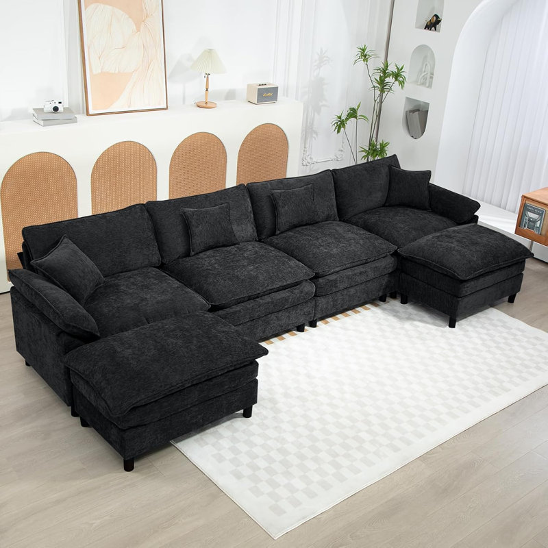 Upholstered U-Shape Sectional With Two Ottomans, Black Chenille, 34.6" H x 146.5" W x 57.8" D