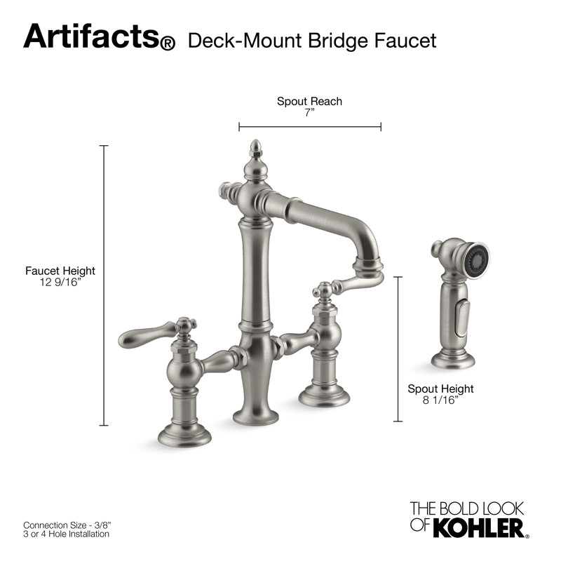 Artifacts Bridge Faucet with Side Spray, Vibrant Stainless, Lever Handle