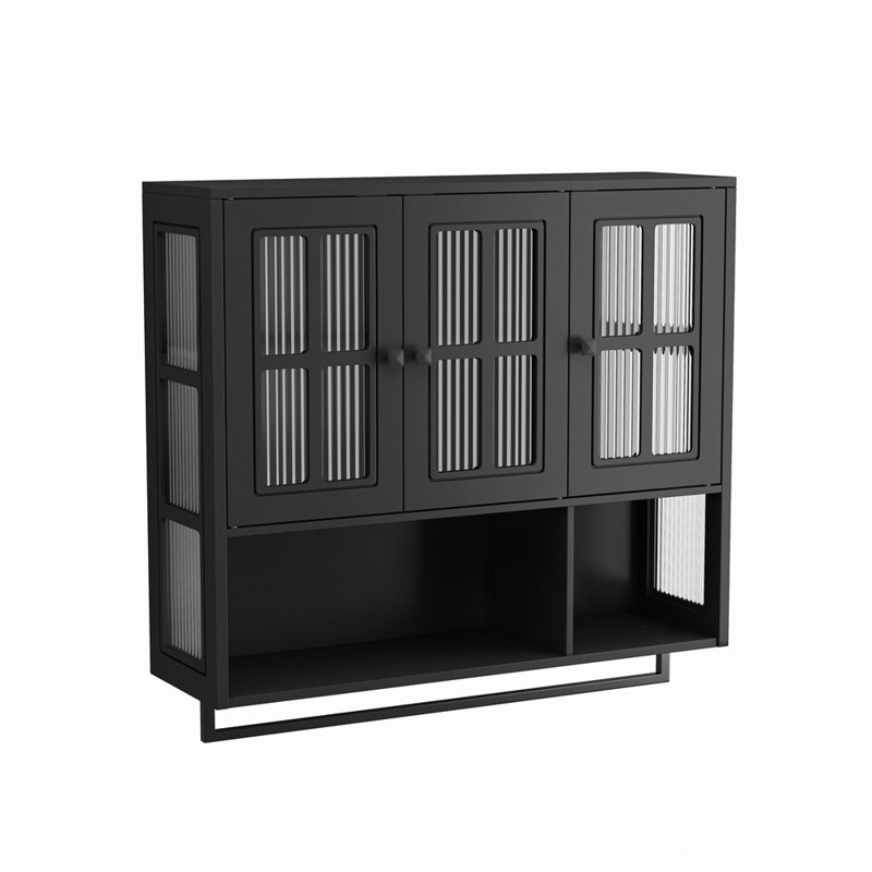 Armoire de salle de bain murale en bois à 3 portes avec espace de rangement ouvert et caché, Noir