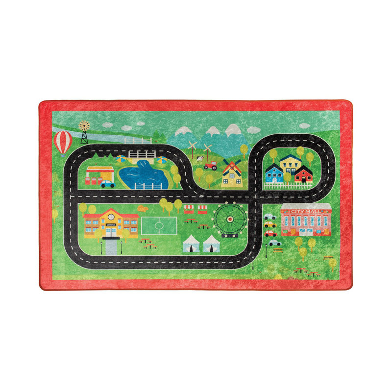 Tapis rectangulaire vert / bleu en velours tissé à la machine Fennville, Rectangle 3 pi 3 po x 5 pi 3 po