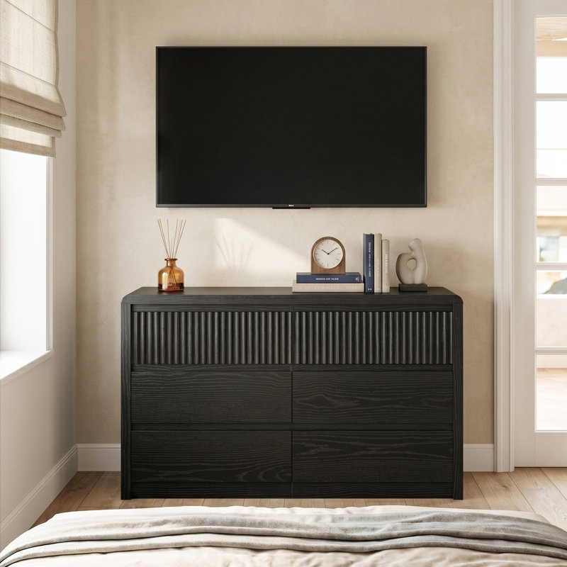 Mountford 49.6" W 6 Double Drawer Dresser, Bedroom Dresser chest of Drawe,Black, Black