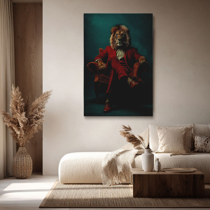 Cadre tendu sur toile tendue «Lion en costume rouge sur fauteuil» sophistiqué pour Eclectic Studio