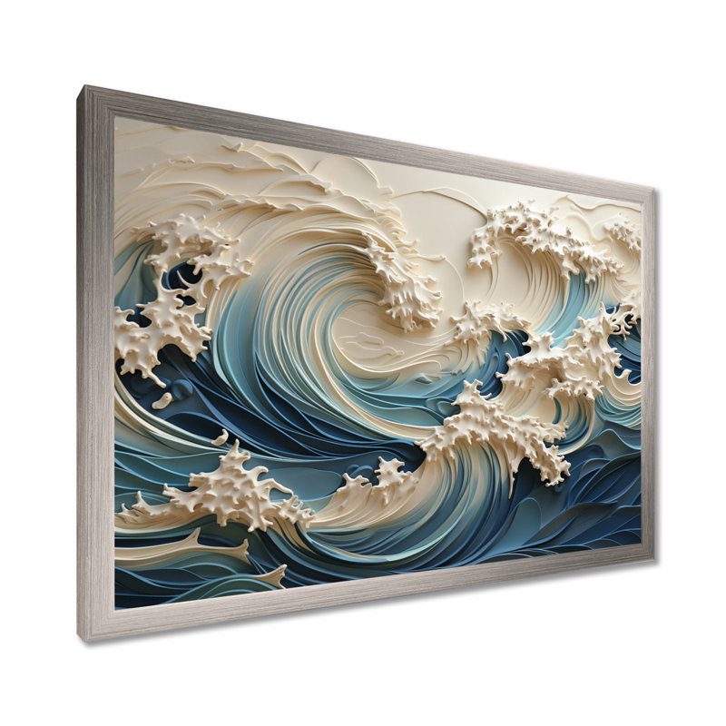 «White and Blue Wave Papercut Style III - Coastal Waves», reproduction d'art sur toile Wave (sans textures), Cadre argenté