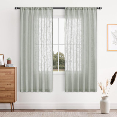 2 Panels White Faux Linen Sheer Curtains - Rod Pocket Textured Semi Voile Bedroom and Living Room Window Curtains