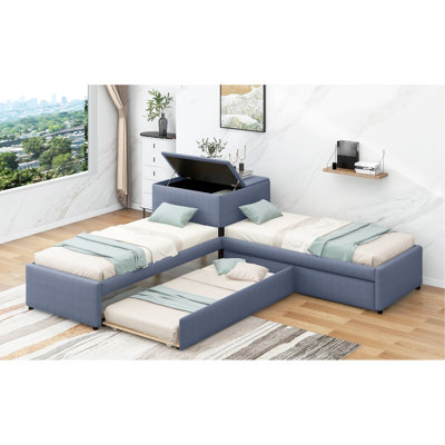 Lit plateforme simple en L gris avec rangement et porte-écharpe - Augmente la capacité du lit gigogne et des tiroirs de bureau rembourrés, simple, revêtement en lin