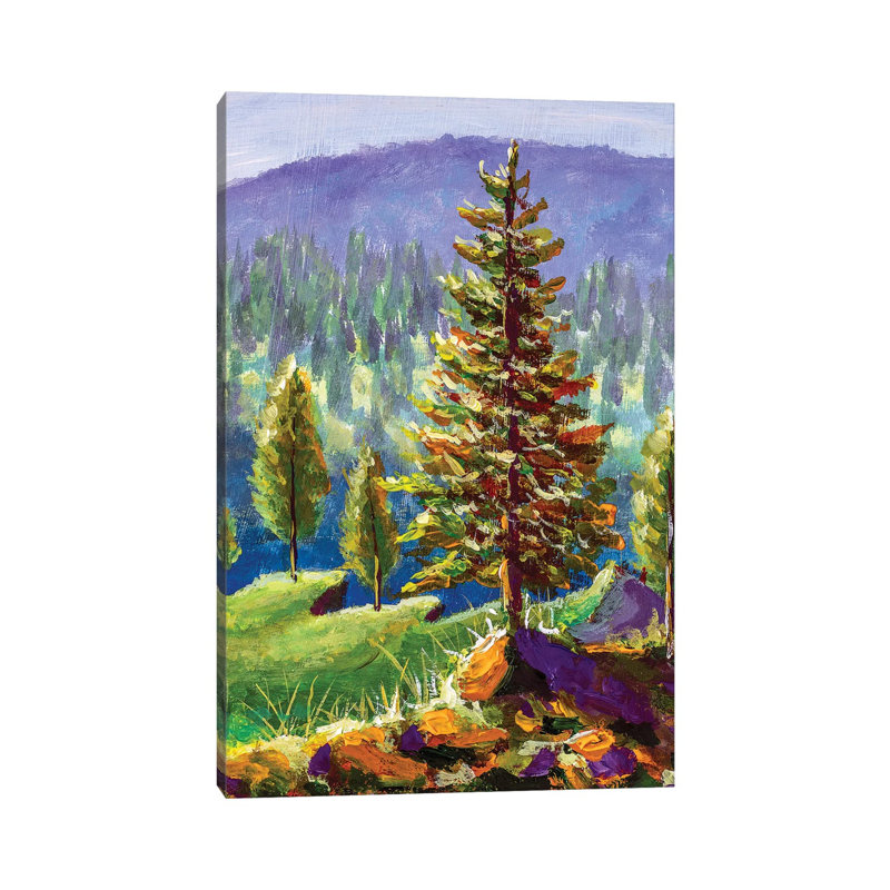 Big Pine On Background Of Sunny Forest And Mountain by Valery Rybakow - Painting on Canvas, Wrapped Canvas