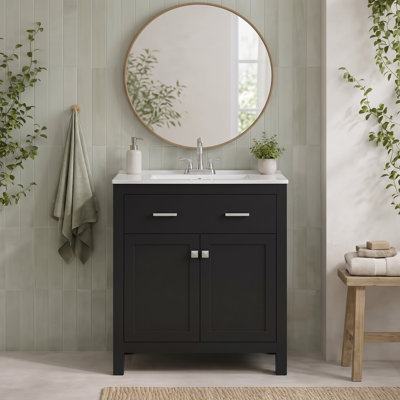 30 in. W Freestanding Vanity with Flip-Out Drawer, Door Storage, U-Shelf and Ceramic Top