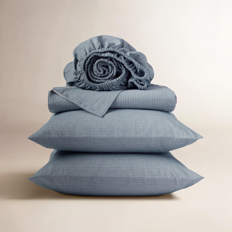 Organic Crinkled Percale™ 100% Cotton Sheet Set, Queen Sheet Set with 2 Pillowcases, Indigo Chambray Stripe