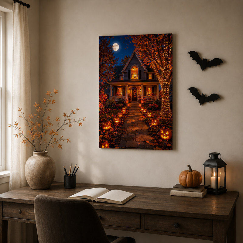 «Glowing House» avec citrouilles et lune, art mural sur toile, H 36 po x l 24 po