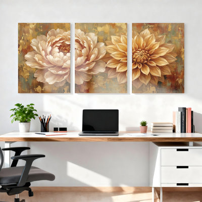 Ensemble de 3 tableaux sur toile tendue représentant des pivoines et des dahlias, pour la décoration du salon et de la chambre.