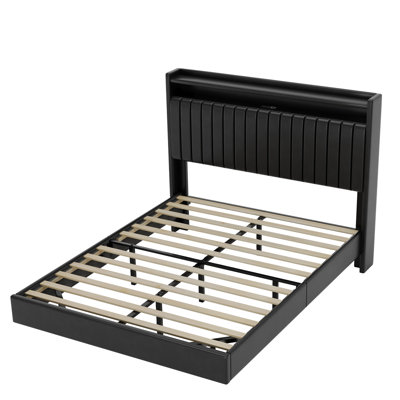 Lit plateforme flottant avec éclairage DEL RVB - Tête de lit noire moderne capitonnée - Station de recharge et ports USB - Étagère de rangement - Sommier non requis - Taille Queen, revêtement en PU noir