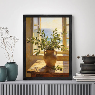 Reproduction d'art encadrée pour décor de maison moderne Pot Olives Window Sie, peinture murale avec cadre en bois noir durable pour la décoration intérieure