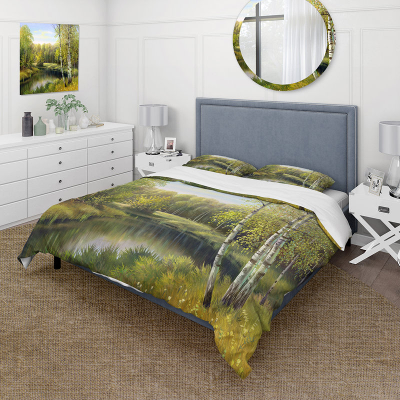 Birches By The River In Silent Green Nature - Ensemble de housse de couette traditionnel - Microfibre de polyester