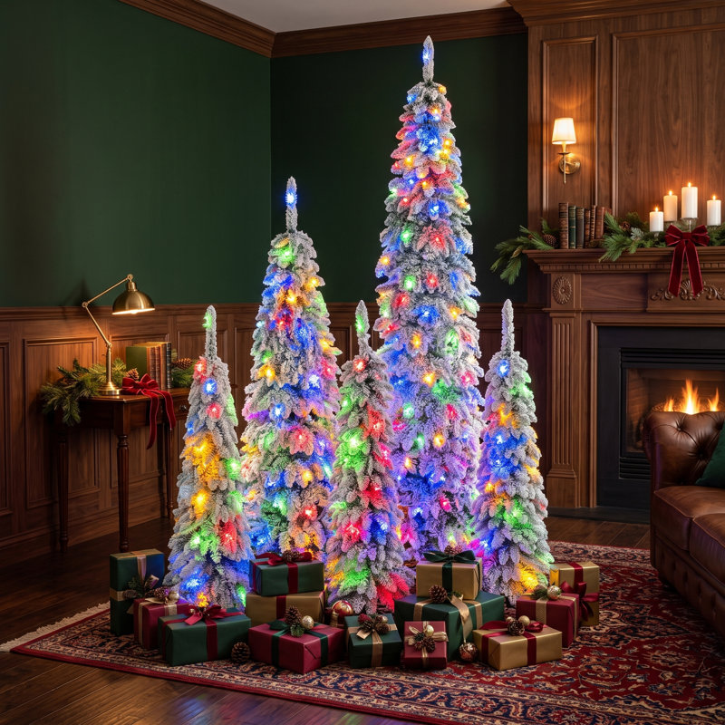 Ensemble de 5 sapins de Noël pré-illuminés en forme de crayon, en PVC effet neige, avec deux couleurs d'éclairage et 11 modes.