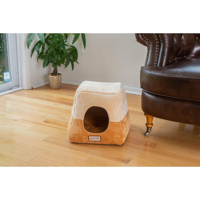 Small Velvet Brown and Beige Cat Bed with Fiberfill