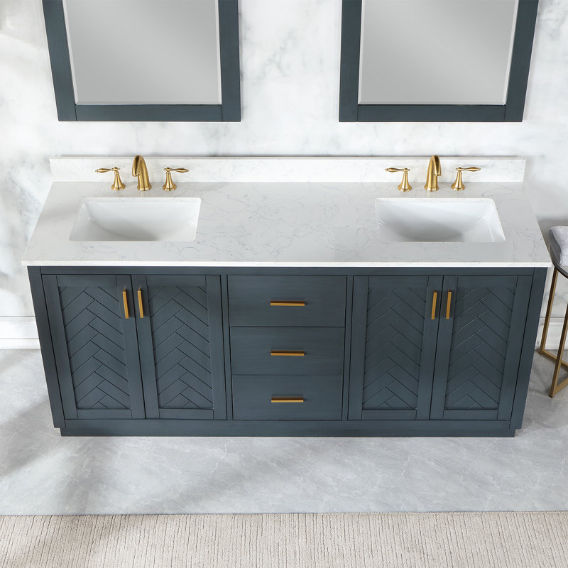 Gazsi 72" Double Bathroom Vanity Set With Grain White Engineered Stone Countertop Without Mirror, Charcoal Blue