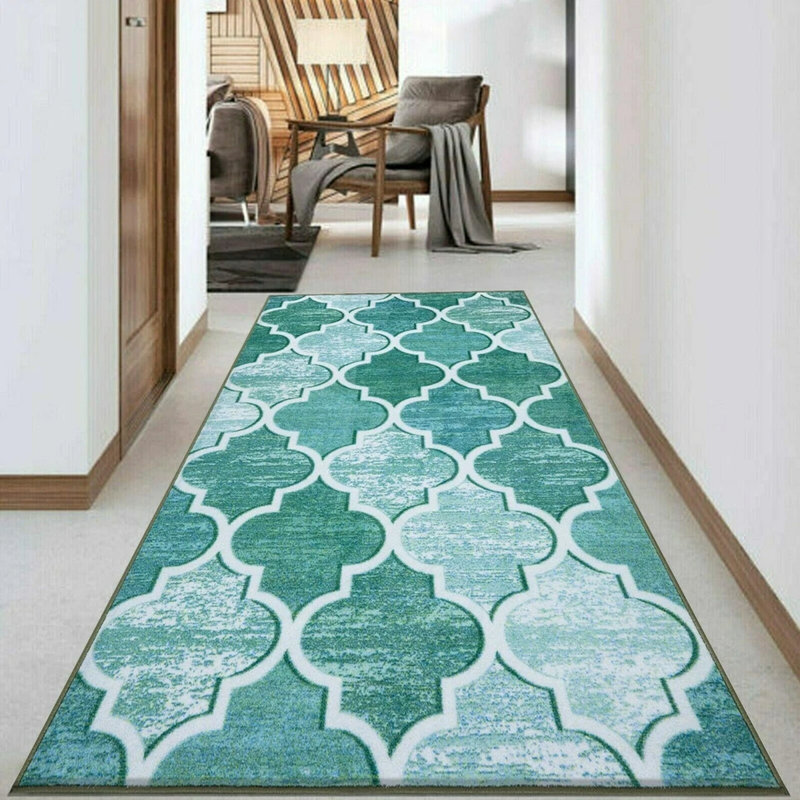 Modern Aqua Geometric Area Rug & Runner – Non Slip Large Living Room, Bedroom, Hallway & Kitchen Carpet, Rectangle 80 x 150cm