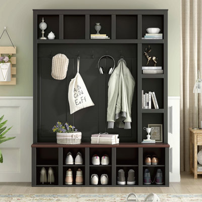 Farmhouse Wooden Style Hall Tree With 6 Hooks, Practical Walnut Storage Bench With Adjustable Shelves,  4-In-1 Entryway Shoe Cabinet With 13 Cubbies For Mudroom, Living Room, 76.7"H