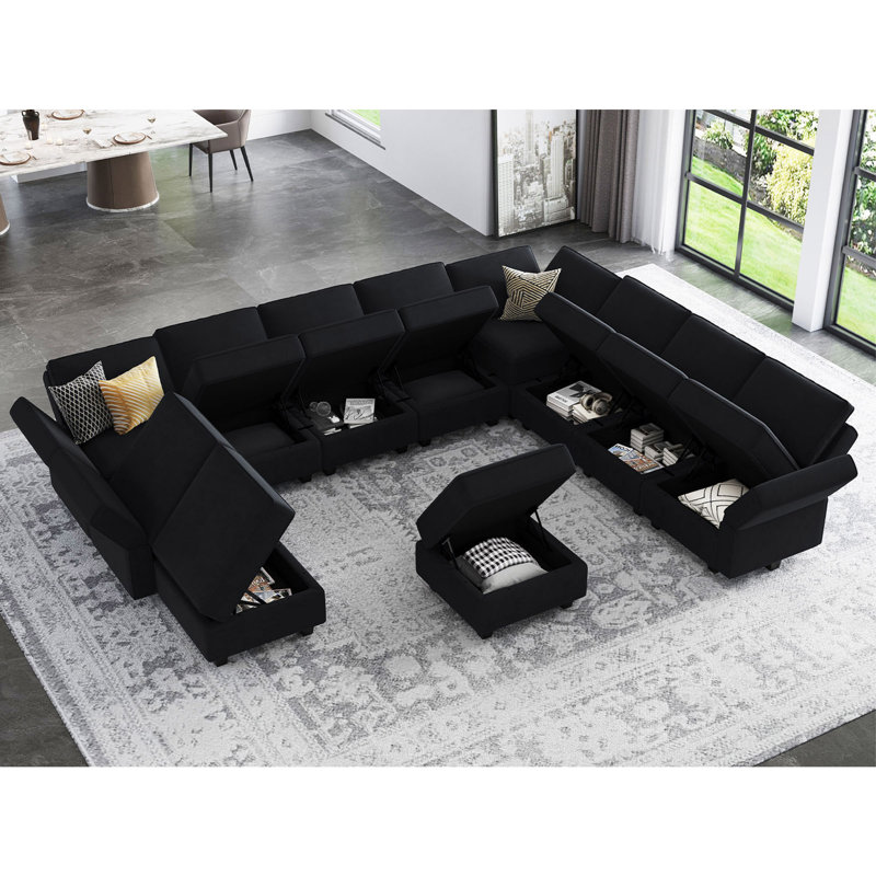 Wylodene 143" W Velvet Modular Sectional Sofa, Black Velvet