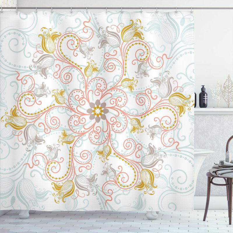 Ensemble de rideau de douche et crochets mandala, H 75 po x l 69 po, Jaune foncé
