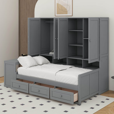 Lit de jour simple en bois avec tiroirs, bureau et tablettes