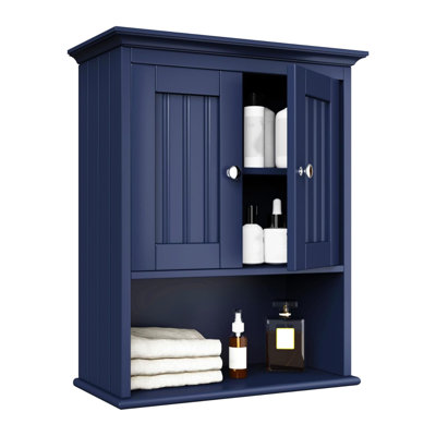 Armoire murale en bois bleu, armoire de rangement pour salle de bain avec portes et tablette réglable, armoire murale rustique pour salle de bain, salon, cuisine