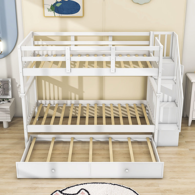 Doresha Kids Bunk Bed with Trundle, White, 	Twin over Twin