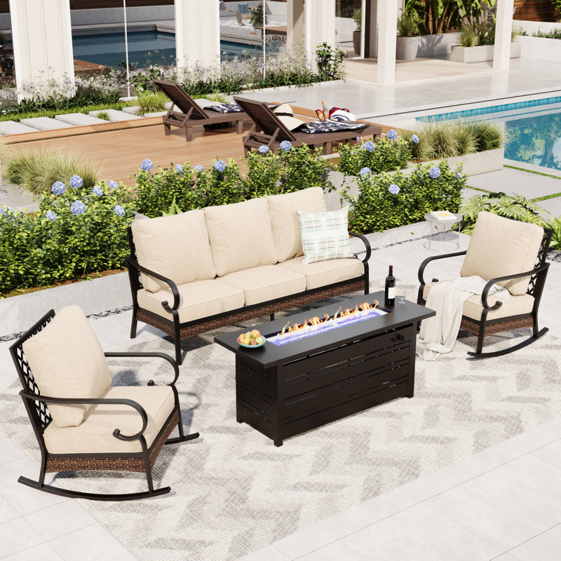 5-Person Sofa Seating Group With Rocking Lounge Chairs & Fire Pit Table, Black/Beige/Black