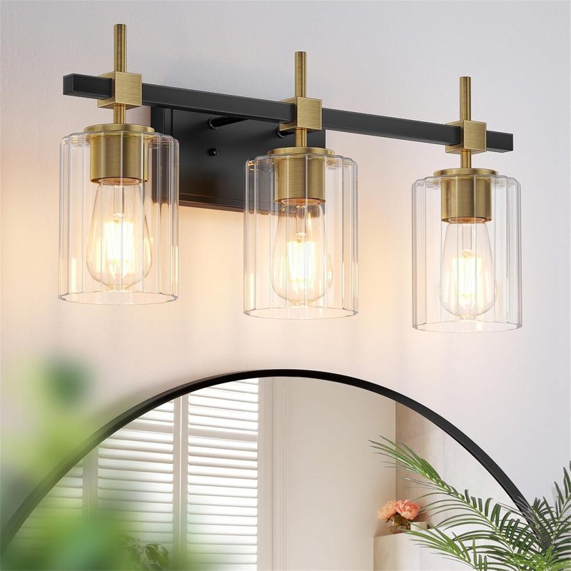 Éclairage pour salle de bain 3 lumières avec abat-jour en verre texturé transparent, Or noir