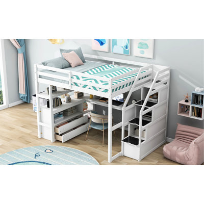 Lit mezzanine double avec bureau, tablettes et tablettes de rangement - Agrégations blanches