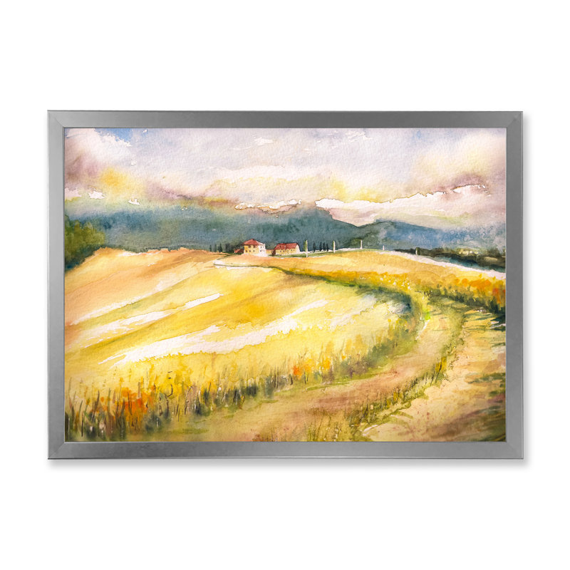 «Italian Blossoming Hayfields», peinture sur toile, H 12 po x l 20 po, Cadre photo argenté
