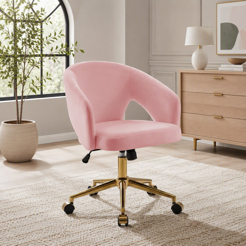 Chaise de bureau ajustable, pour la maison ou la chambre, chaise pivotante ergonomique, dossier inclinable, confortable pour une utilisation prolongée, base dorée, rose