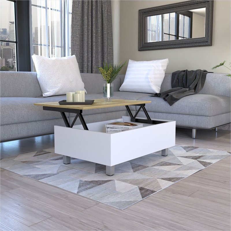 Table basse à plateau relevable blanc doux avec rangement dissimulé, conception rectangulaire compacte pour les salons