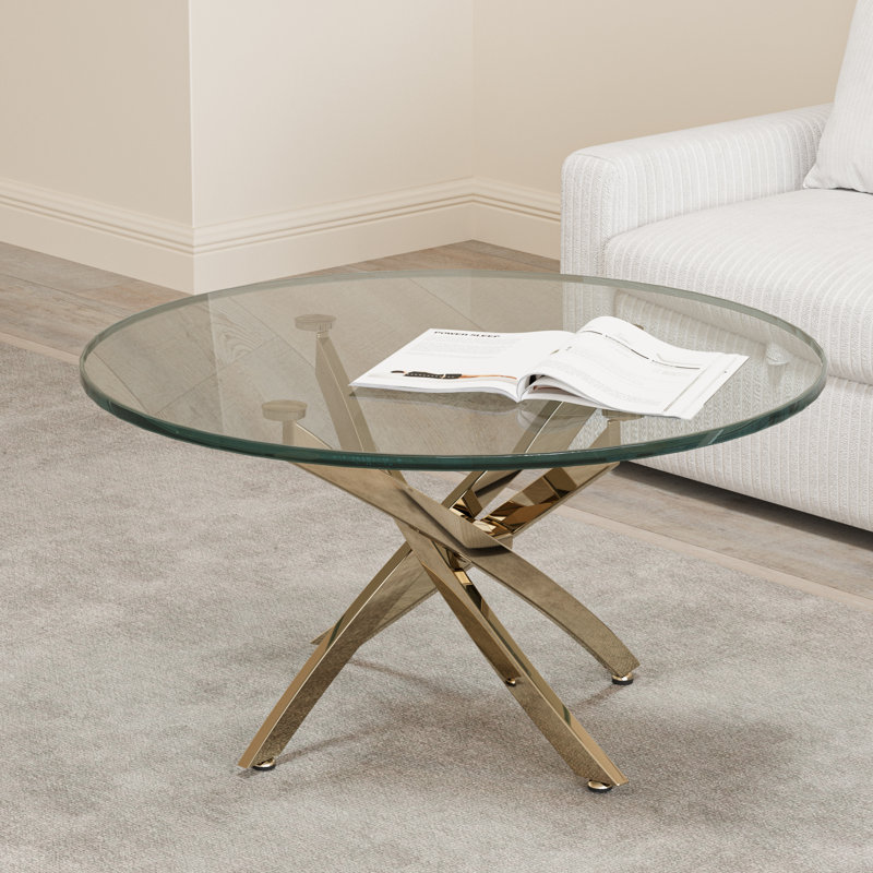 Landgraf Glass Top Round Coffee Table,Cocktail Table,Glass End Table, Gold, 18.3" H x 35.4" W x 35.4" D