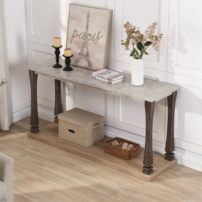 Console Mid-Century pour le vestibule, canapé en bois avec tablette de rangement à 2 niveaux, Bois manufacturé