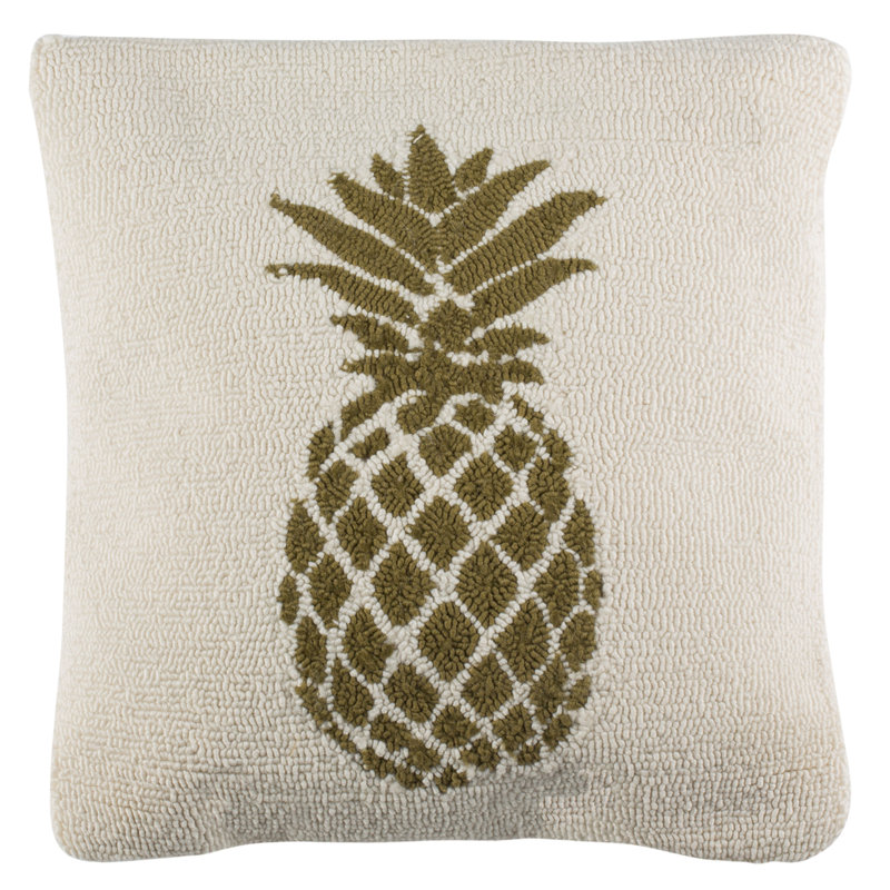 Ivory and Gold Embroidered Pineapple Outdoor Throw Pillow