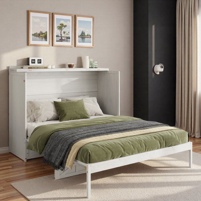 Grand lit escamotable avec tiroir de rangement et prises de courant, Blanc