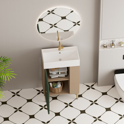 21.6" Open-shelving Bathroom Vanity with Ceramic Sink and Soft-Closing Door