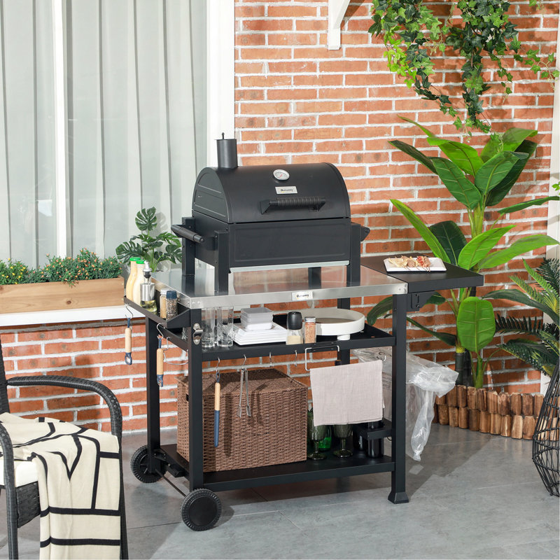Table de gril mobile extérieure 46 "x 21,75" et support de four à pizza avec tablette latérale pliable et plateau en acier inoxydable (noir)