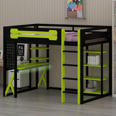 Système de lit mezzanine tout-en-un avec bureau, rangement, charge rapide et lumières RVB personnalisables