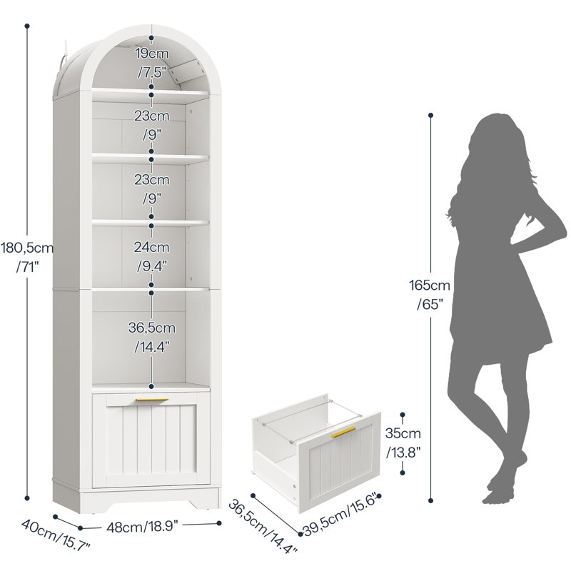 71" Arched Cabinet Bookcase with Drawer and Shelves