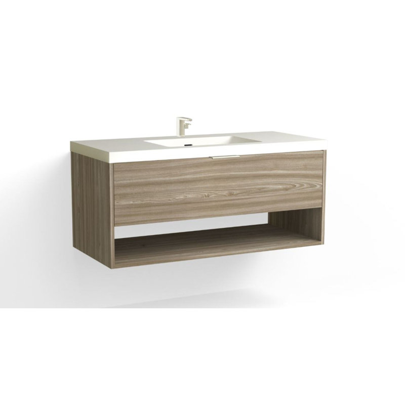 Modo 48" W Wall Mounted Single Bathroom Vanity, Glossy White/8" Widespread, Polished Nickel, Nocino