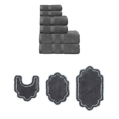 Talbert Collection 100% Soft Cotton 6 Pc Towel Set & 3 Pc Bath Rug Set, (Set of 9), Linen