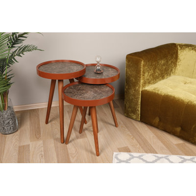 Stylish Nesting Table Set (3 Pieces), Walnut & Grey, 15.4 x 19.0 x 15.4 in, 15.4 x 21.5 x 15.4 in, 15.4 x 23.8 x 15.4 in | 100% Melamine Coated Particle Board, Modern Abstract Design for Home or Office, Space-Saving Elegance