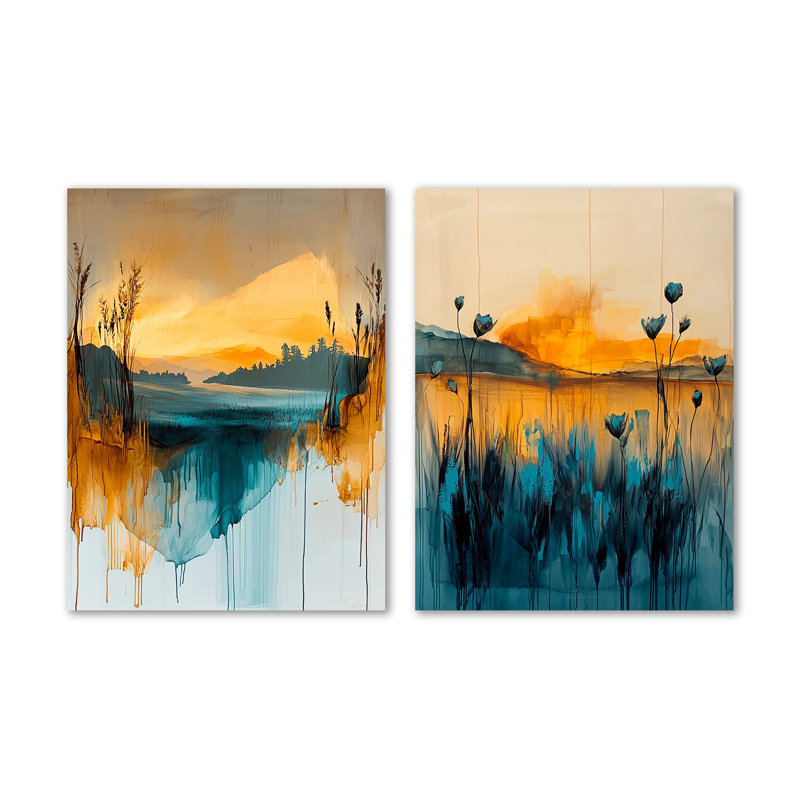 «Orange Twilight Calm Meadow I», ensemble de 2 reproductions d'art murales florales en métal, 32" H x 48" W